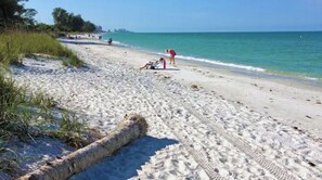 Una playa arenosa con huellas y una barrera de cuerda.