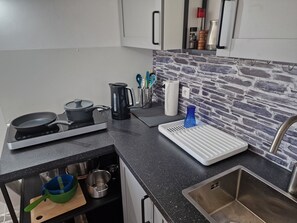 Frigorífico, microondas, horno y placa de cocina