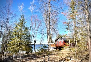 A cabin by a lake surrounded by trees.
