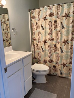 Combined shower/tub, toilet paper