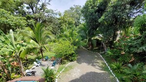 Un sentier de jardin mène à un espace piscine agrémenté de chaises longues et d’une petite terrasse.