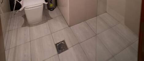 A modern bathroom with a toilet, a shower, and a glass partition.