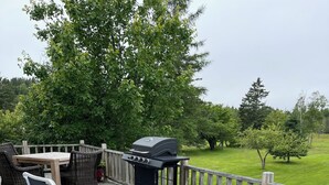 Une terrasse en bois aménagée avec du mobilier d’extérieur, notamment des chaises longues et une table, ainsi qu’un barbecue.