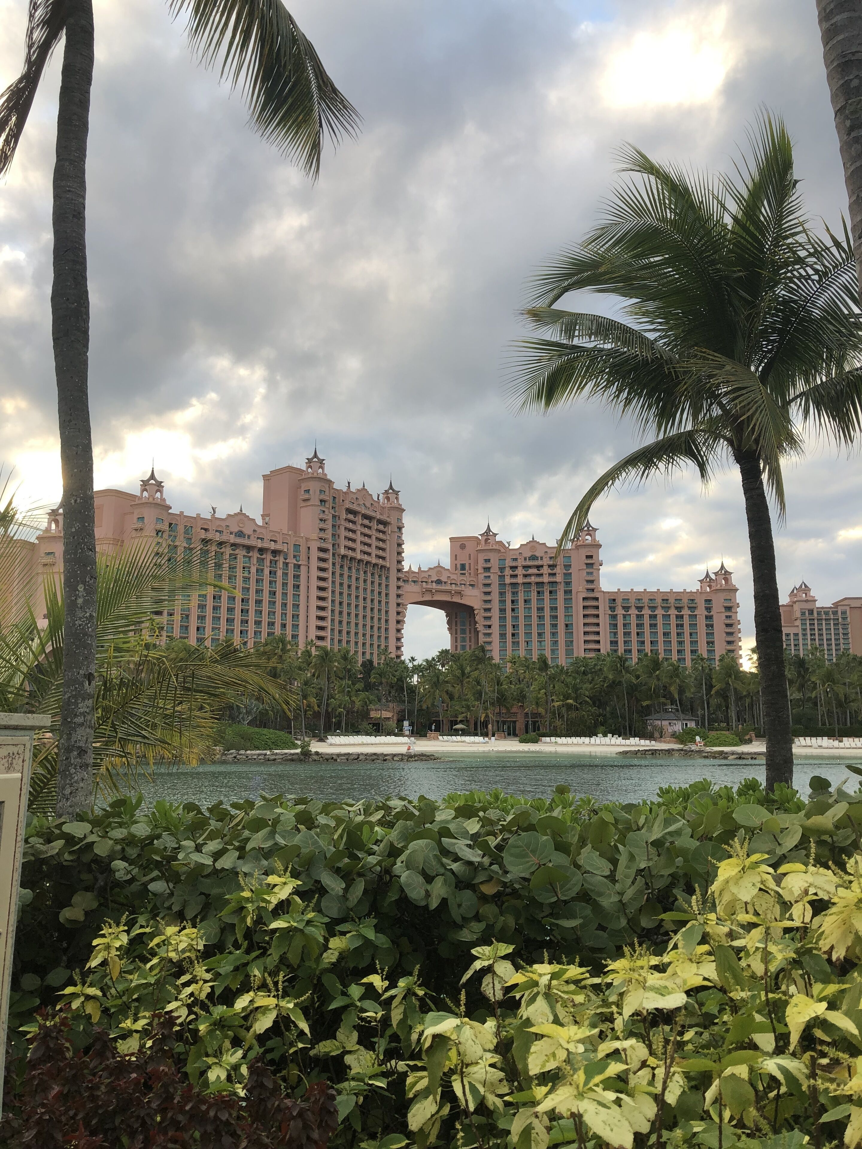 A large, multi-story hotel with a distinctive archway entrance, surrounded by palm trees and a body of water.