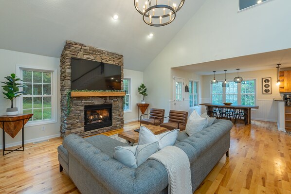 Smart TV, fireplace, foosball