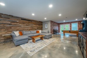 Smart TV, fireplace, foosball