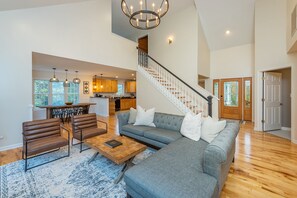 Smart TV, fireplace, foosball