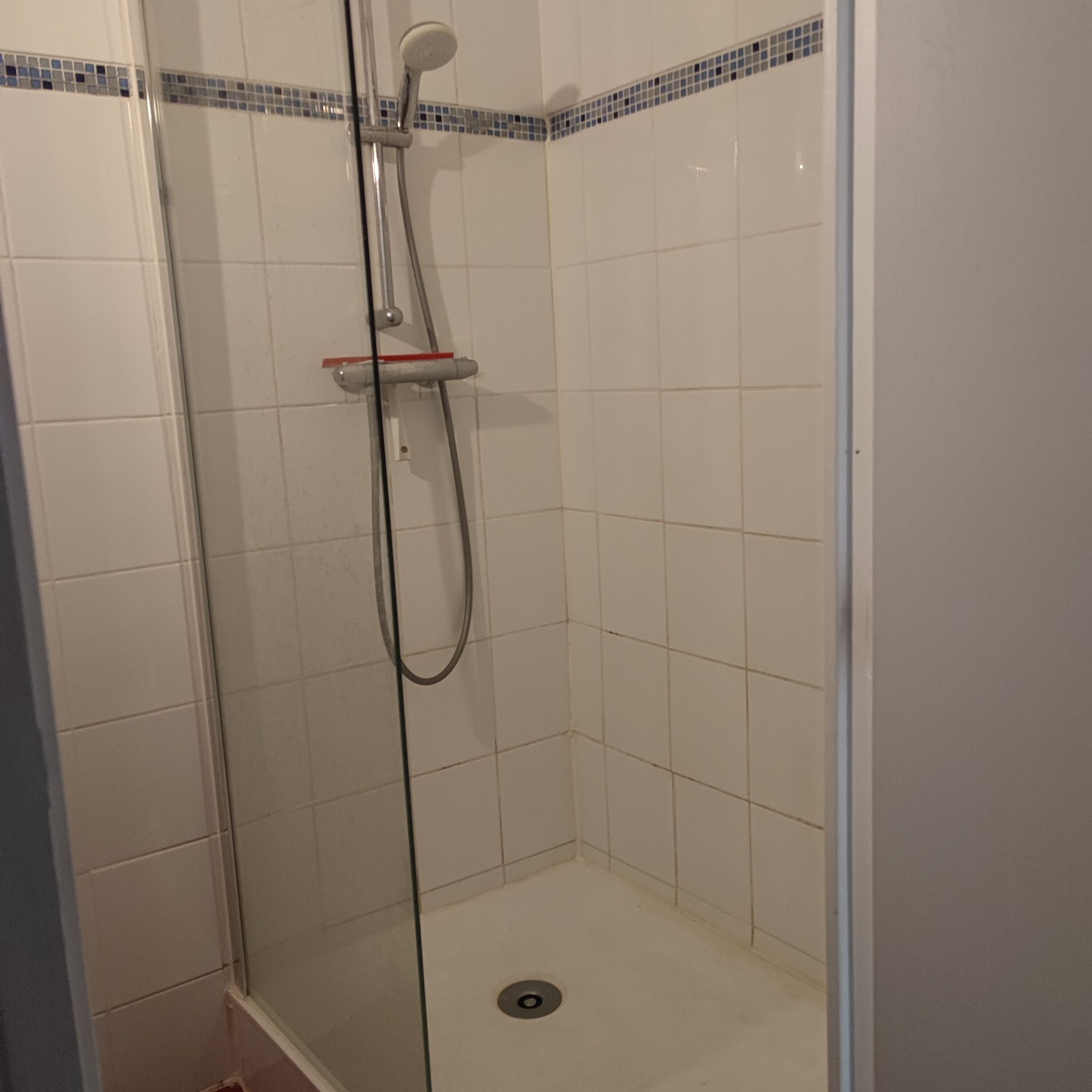 A glass-enclosed shower stall with white tiles and a blue mosaic border.