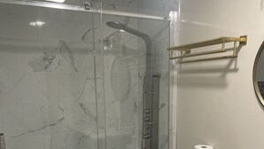 A bathroom with a glass-enclosed shower, a toilet, and a vanity with a mirror.