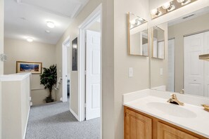 A bathroom with a white sink, a large mirror, and a potted plant.
