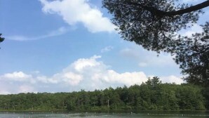 Ein Strand am See mit badenden und entspannten Personen.