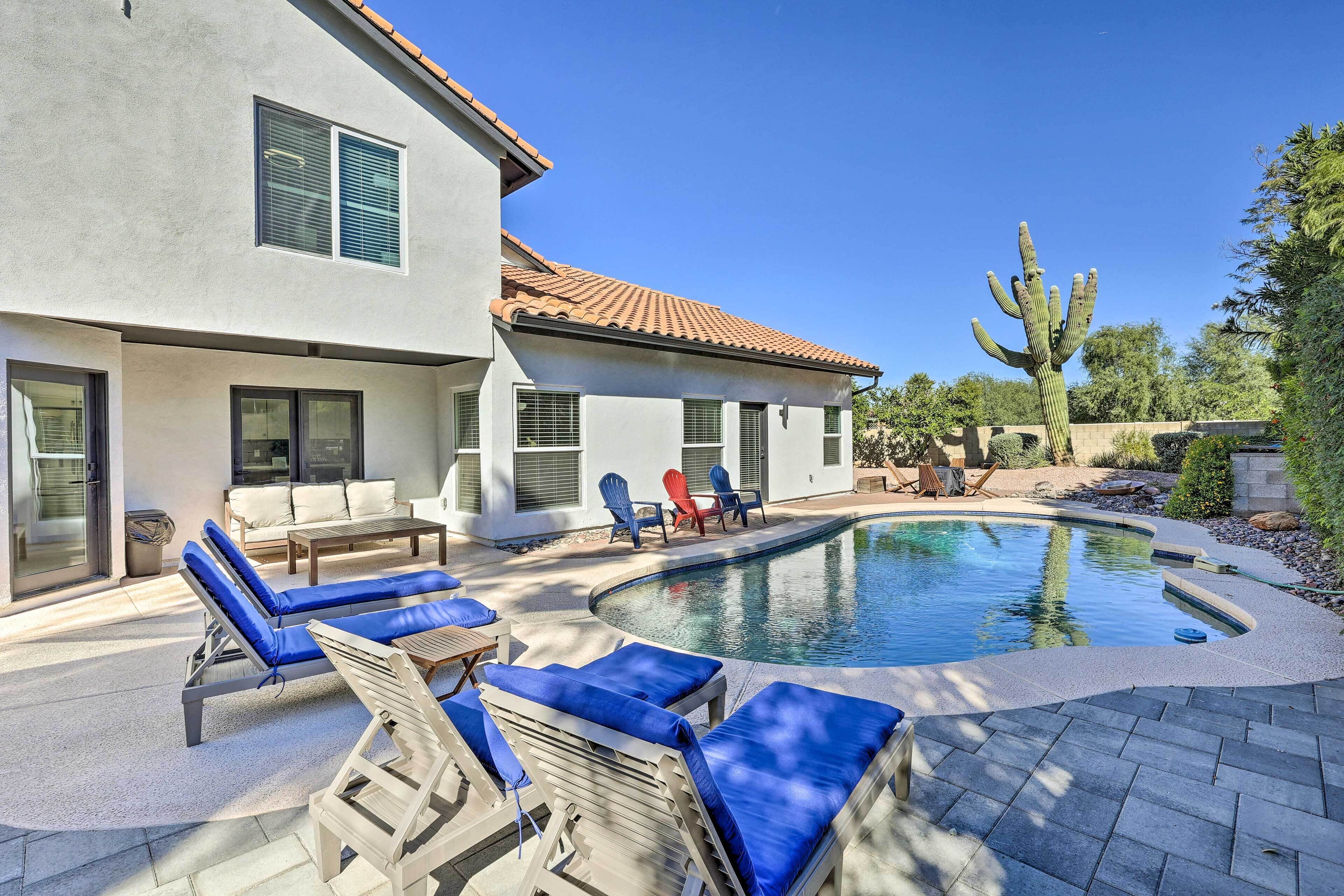 A modern house with a swimming pool, outdoor furniture, and a large cactus.