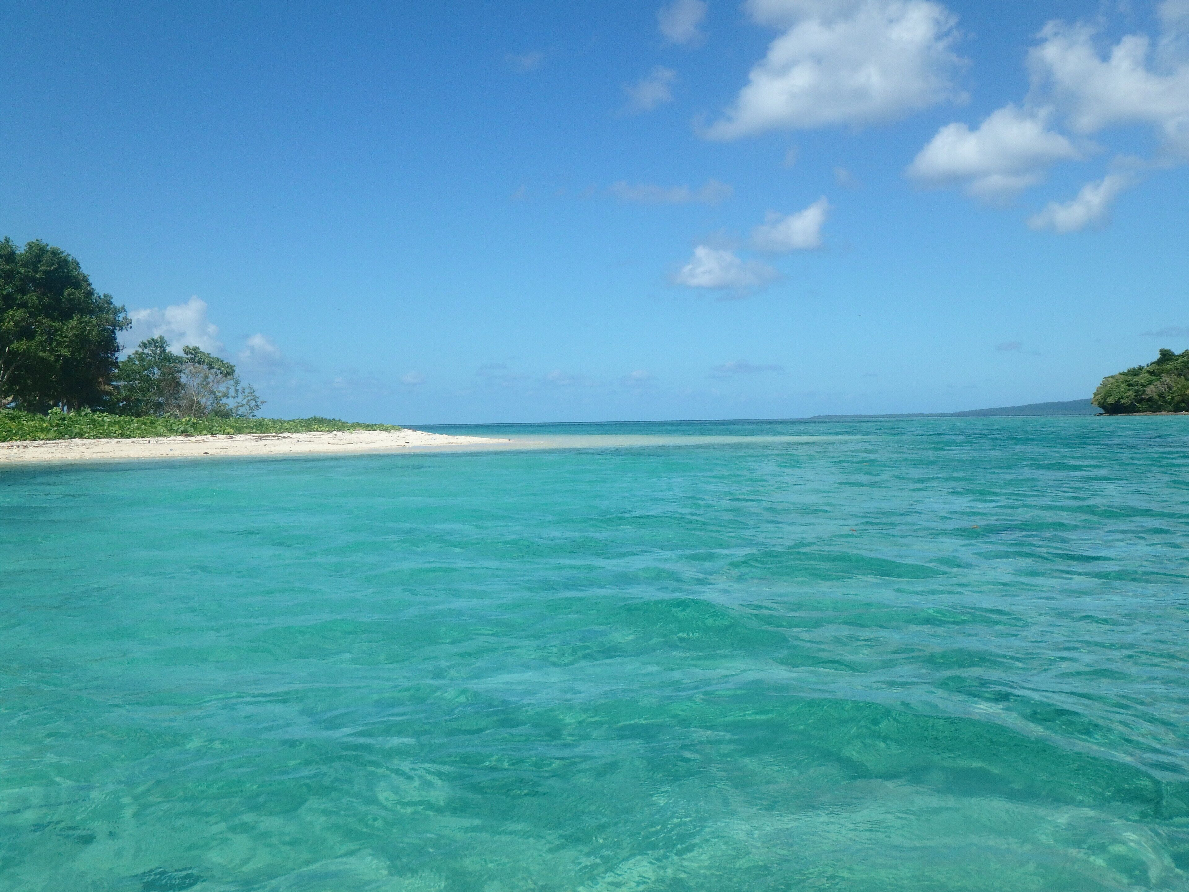 Une plage avec une eau turquoise et limpide, du sable blanc et une végétation verdoyante sur le rivage.