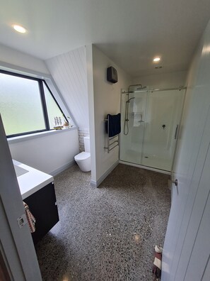 Shower, hair dryer, towels, soap