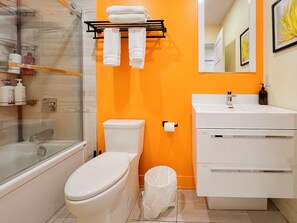 Ensemble douche/baignoire, sèche-cheveux, serviettes fournies, savon