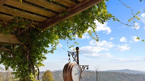 A wooden deck with a clock, a railing, and a view of a mountainous landscape.