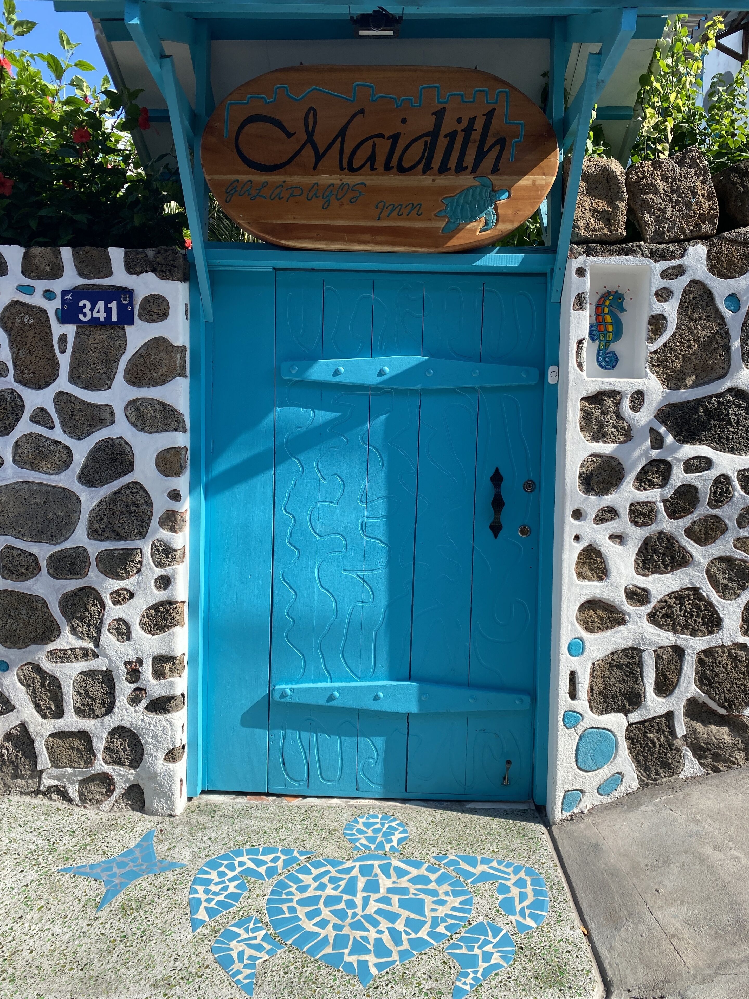 Una puerta azul con un diseño de tortuga, un letrero que dice "Maithith" y una pared de piedra con el número "341".