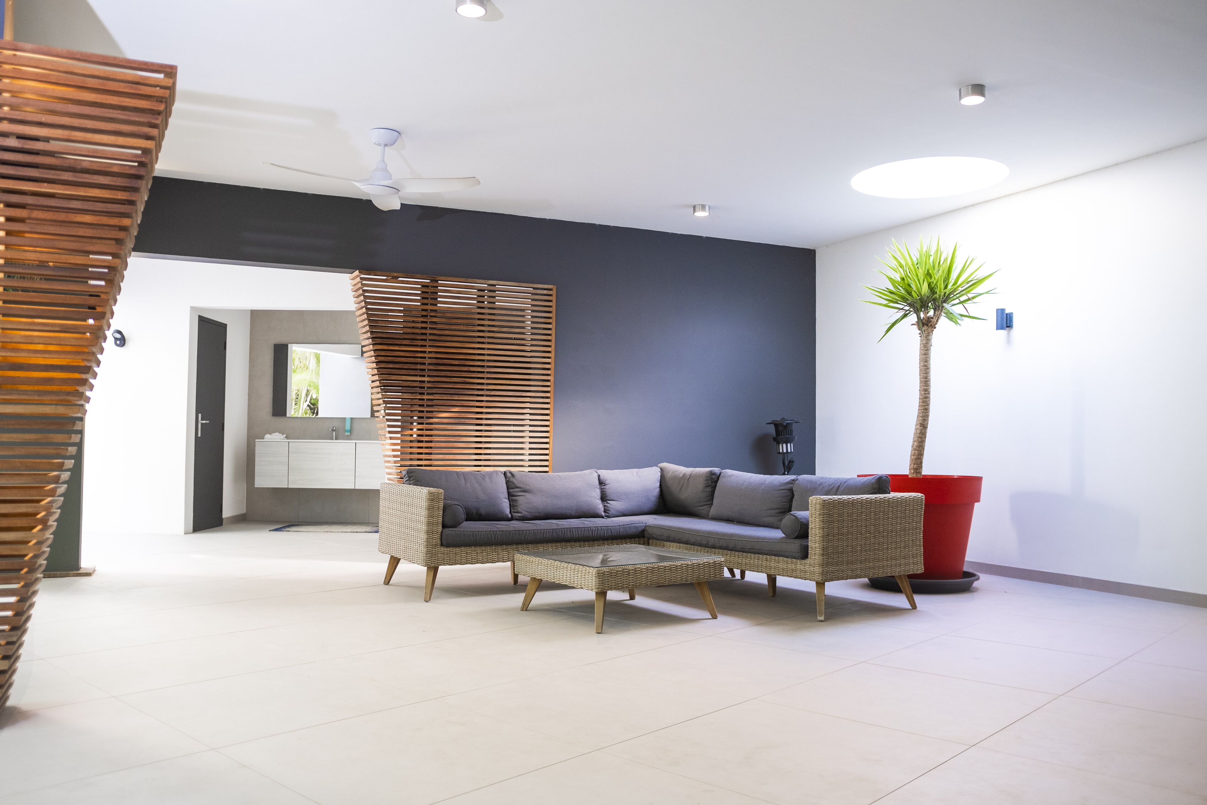 A modern living room with a sectional sofa, a small coffee table, and a potted plant.