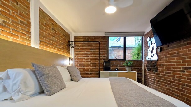 A bedroom with a brick wall, a bed with white bedding, a bedside table with a plant, a flat-screen TV mounted on the wall, and a window with a view of greenery. - Mi Zona Lodging Coyoacán (Mexico City)