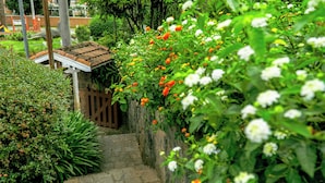 A stone staircase leading to a wooden gate, surrounded by lush greenery and flowering plants. - Pousada Casa de Campos Capivari by Concavus (Campos do Jordão)