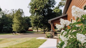 Un quartier résidentiel avec une maison, un trottoir et des arbres.