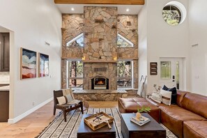 Smart TV, fireplace, books