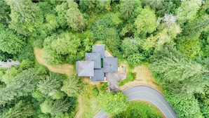 An aerial view of a house surrounded by dense forest, with a curved driveway leading to the entrance. - Iconic Union Skyhouse with Hood Canal views (Union)