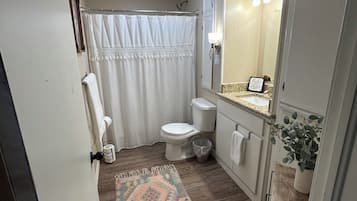 Combined shower/tub, hair dryer, towels, soap