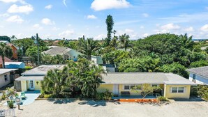 A residential area with houses, palm trees, and a clear sky.
