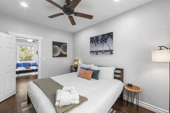 1 bedroom, desk, iron/ironing board, travel cot