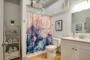 Hair dryer, towels, soap, shampoo