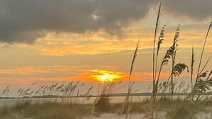 A beach scene with sand and grass in the foreground and a sunset in the background. - Marsa's Place-Marsh/Creek/Ocean Views; Easy Beach Access;Dogs Welcome (Edisto Island)