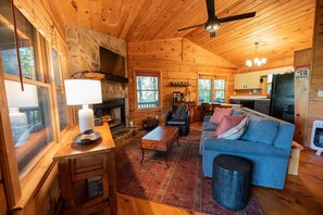 Smart TV, fireplace, DVD player, books