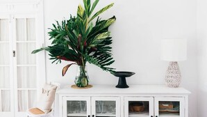 Ein weißes Schränkchen mit Glastüren, ein Blumentopf, eine schwarze Schale und eine weiße Lampe darauf.