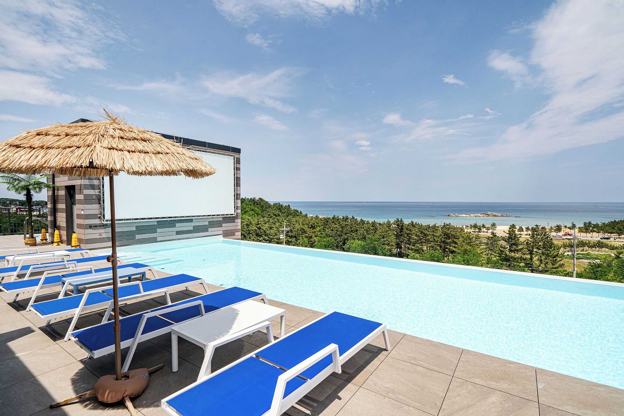 A poolside area with lounge chairs, a thatched umbrella, and a view of the sea.