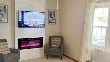 Smart TV, fireplace, books