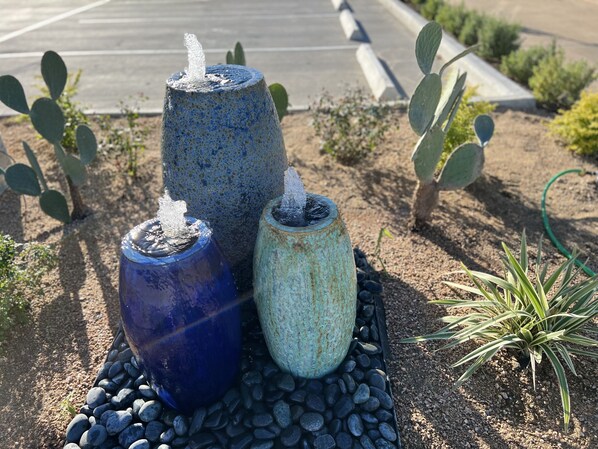 Three water features in a garden setting with cacti and a small plant.