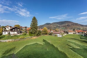 Un quartier résidentiel avec des maisons, un grand arbre et une montagne en arrière-plan.