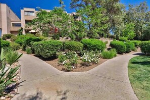 A landscaped garden with a curved pathway leading to a building with multiple balconies. - 2 Bed, 2.5 Bath Lake Murray Townhouse Loaded With Amenities! (La Mesa)