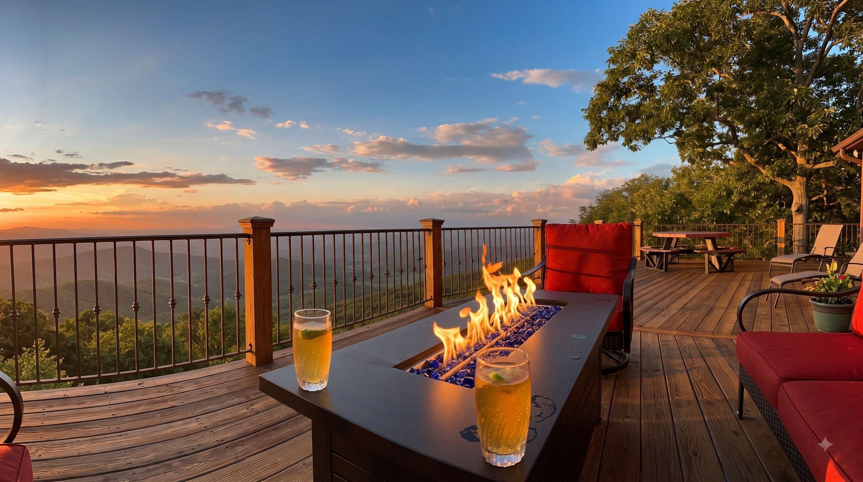 A deck with a fire feature, outdoor seating, and a view of the landscape.