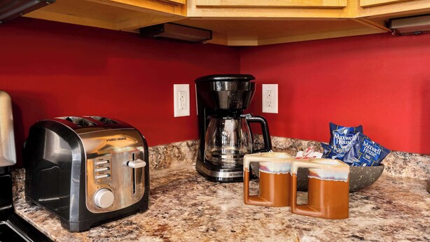 A kitchen with a toaster, coffee maker, and mugs on the counter. - Stone Ledge Refuge with Hot Tub and Gorgeous Views (Rising Fawn)