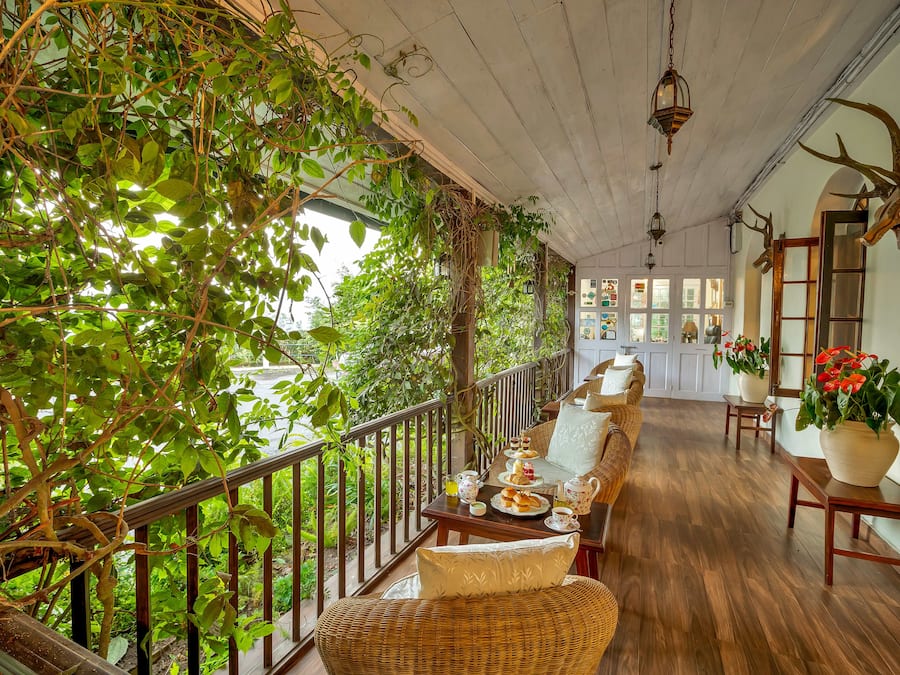 A covered outdoor seating area with a dining table set for two, surrounded by lush greenery and a view of the outdoors.