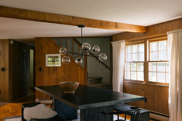 Large dining table seats up to 8 people.