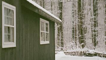 Una baita di legno con due finestre e un'area salotto esterna coperta, immersa in una foresta innevata.