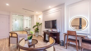 Quarto de hotel moderno com área de estar, televisão, espelho e chuveiro.