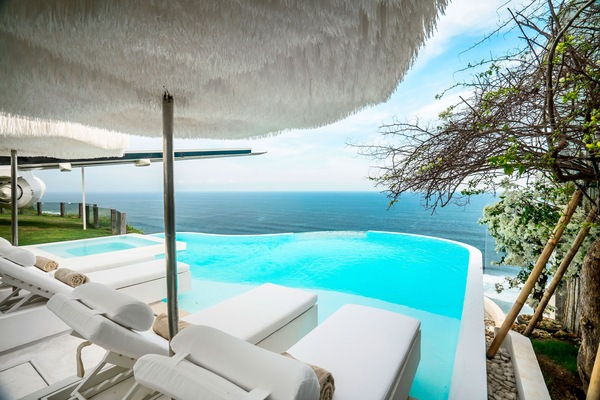 Outdoor pool, pool umbrellas, pool loungers