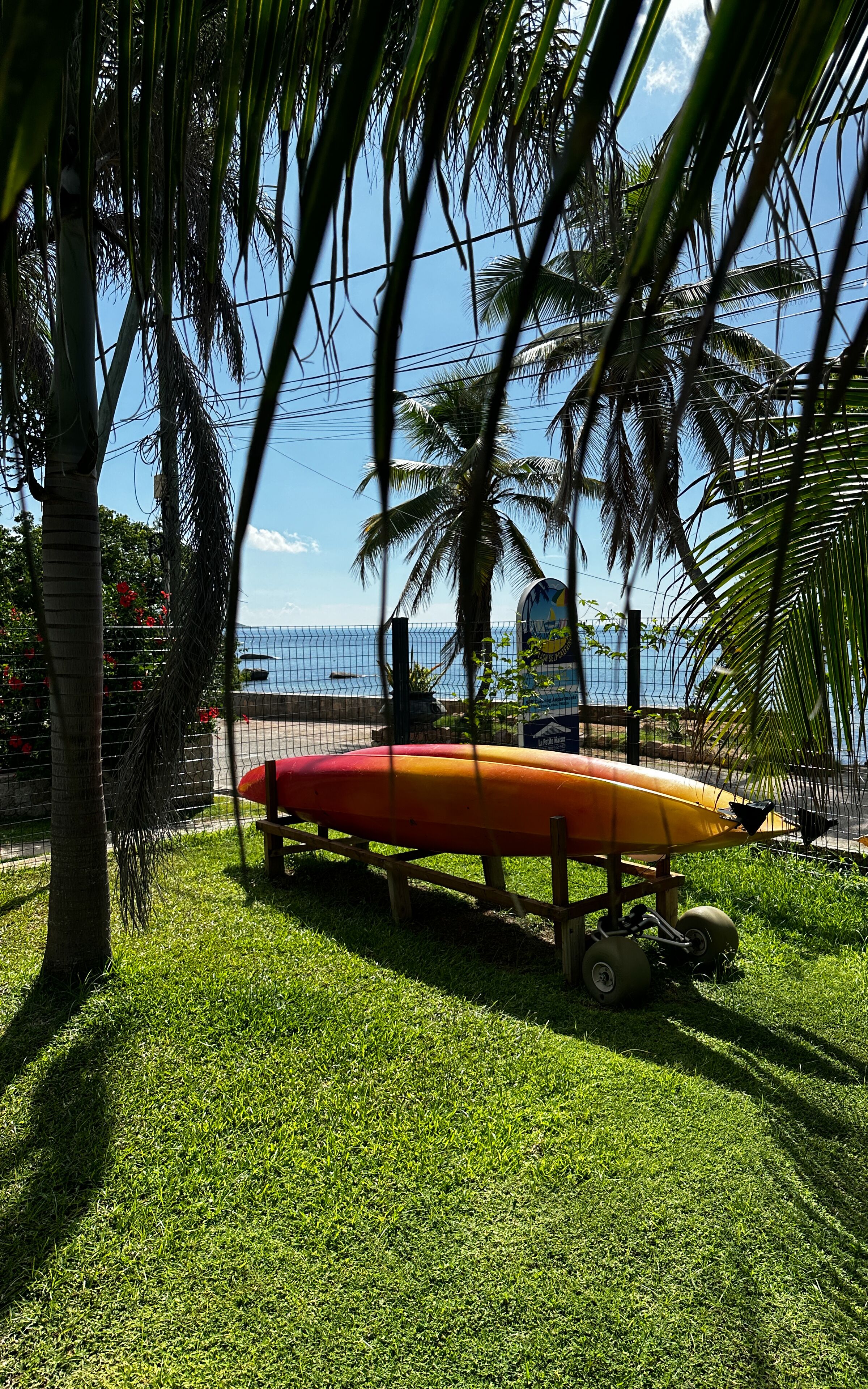 Una tabla de surf roja y amarilla sobre un soporte de madera en una zona con césped, palmeras y vista al mar.