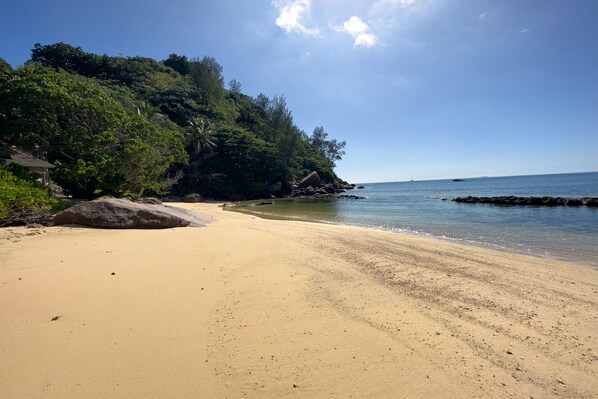 A beach with clear water, a rocky shoreline, and dense greenery.