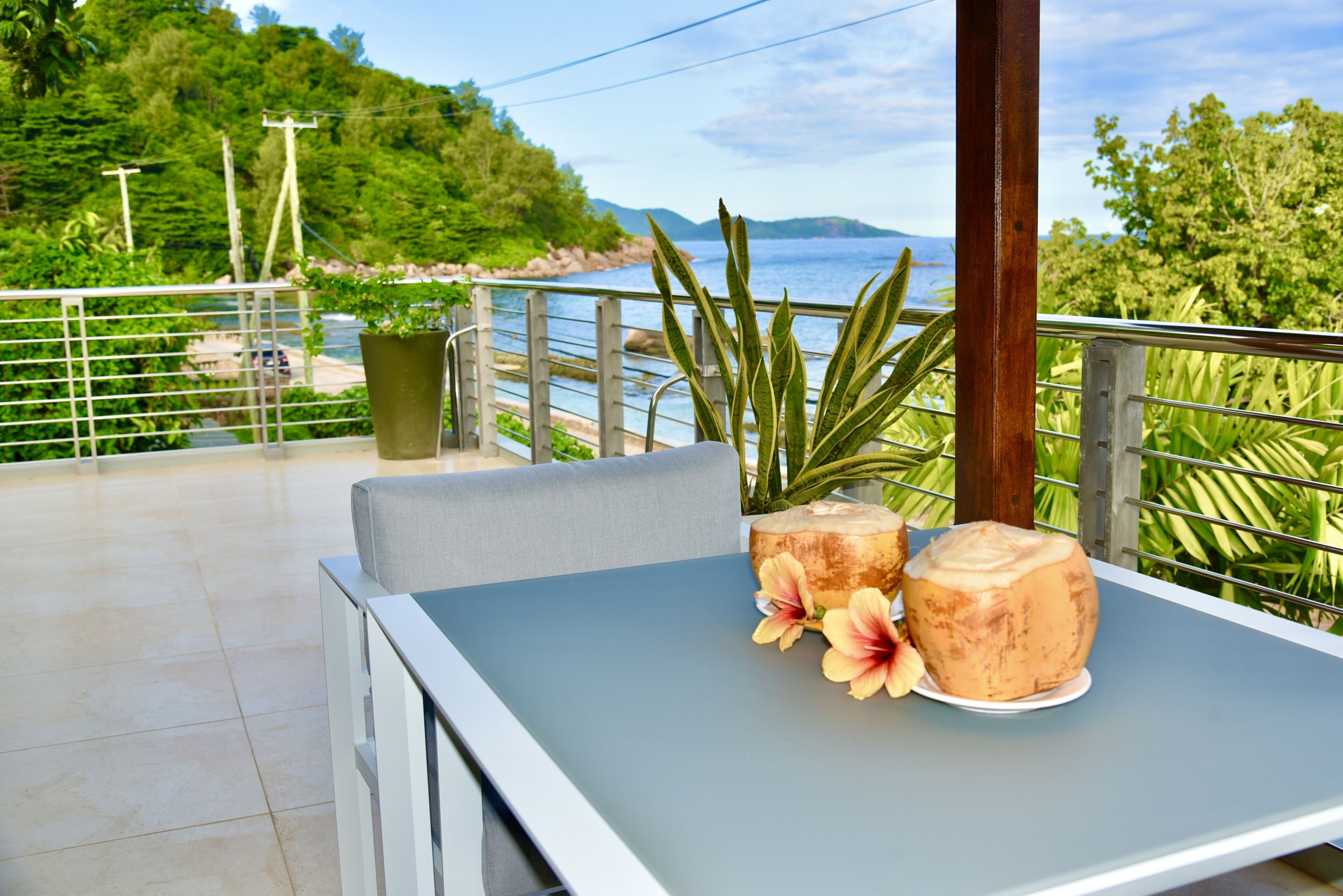 A balcony with a table, potted plants, and a view of the sea and greenery.