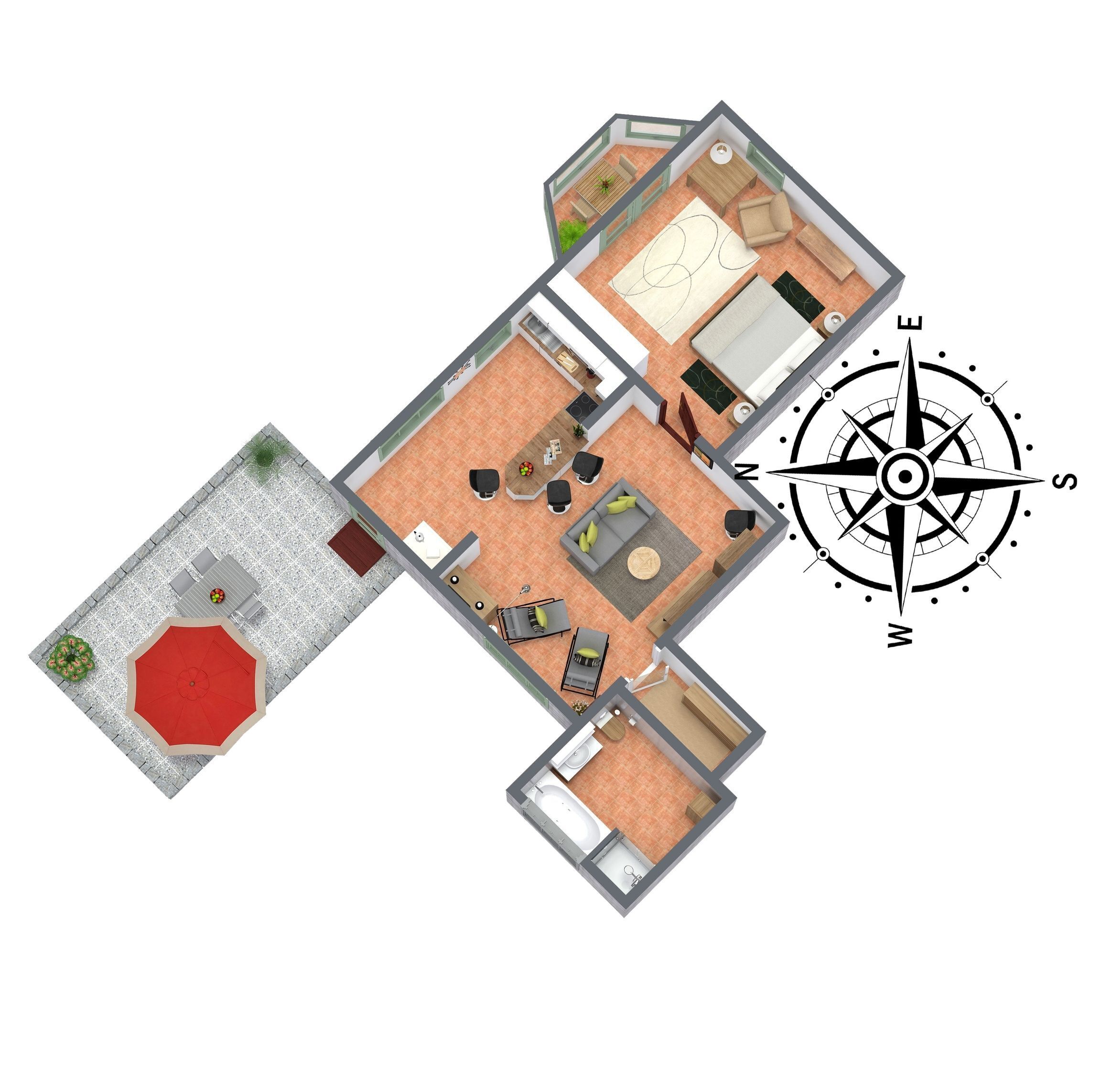 A 3D floor plan of a hotel room with a balcony, a dining area, a living room, and a bathroom.